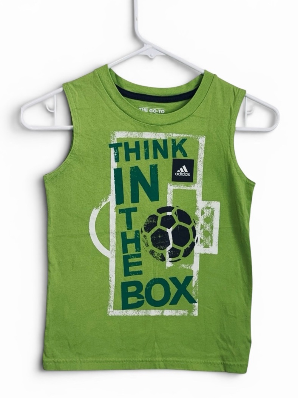 Adidas Boys Go-To Tee Tank Top Green Soccer "Think In The Box" Graphic Size 6